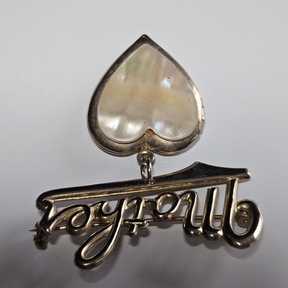 Vintage Gold Tone Mother Pin With Dangling Heart Locket MOP Brooch - Picture 8 of 10